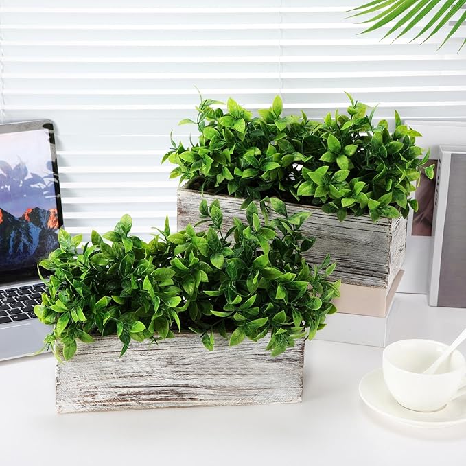 Lyrow 4 Pack Artificial Eucalyptus Plant in Rectangular Rustic Wooden Planter Box Faux Potted Herb Plant Table Centerpiece for Kitchen Windowsill Shelf Decor (White,11.4 '')