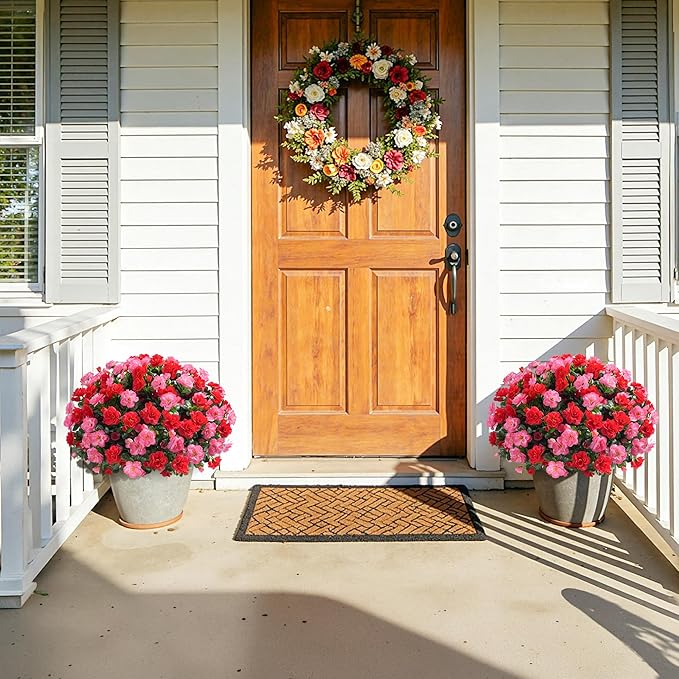 Artificial Fake Outdoor Flowers Plants, Faux Silk Camellia Bundles UV Resistant No Fade Realistic for Planter Pot, Outside Porch Patio Balcony Garden Yard Home Decoration, 3 Large Bundles(Melon Red)