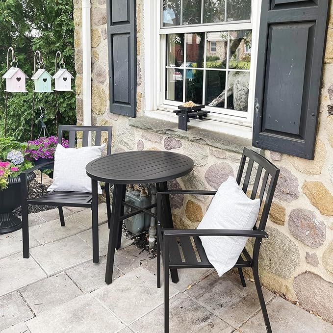PHI VILLA 28 Inch Patio Bistro Table, Outdoor Round Weather-Resistant Metal End Small Dining Table, Outside Side Table for Balcony, Deck, Porch - Black