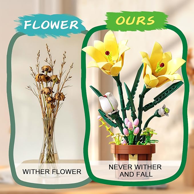 EITOLNR Flowers Botanicals Lily Building Set, Artifical Plants Bonsai Building Blocks Toys for Adults,Indoor Home Office Decor, Valentine Day Birthday Gifts for Women Girls 8-12 (296Pcs)