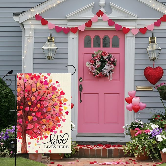 Love Lives Here Love Heart Shaped Tree Valentine’s Day Garden Flag Yard Flag 12x18 Inch Double Sided Small Mini Yard Outdoor Outside Holiday Decoration