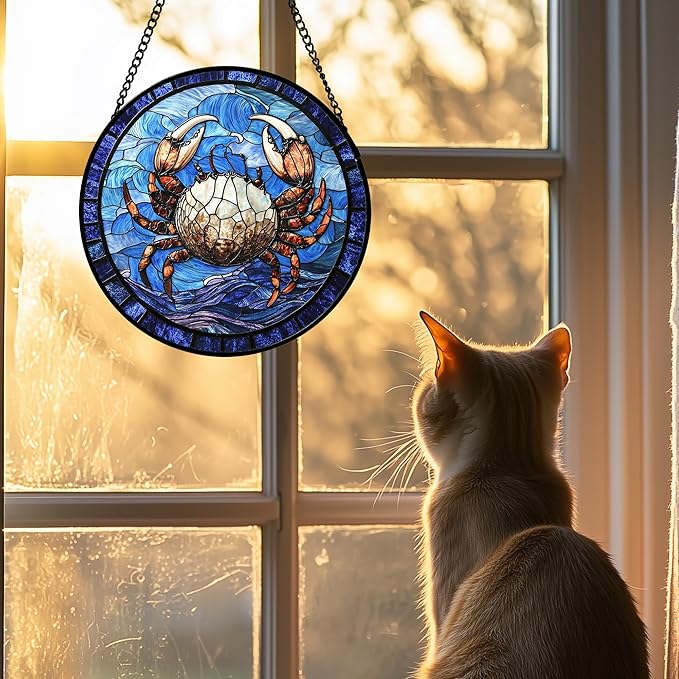 DASTOLL Stained Glass Window Hanging 4 Pcs Set Blue Ocean Waves Large 11.8" - Starfish Crab Seal Suncatcher Door Garden Sun Catcher Decor Birthday for Mom Woman Nana Men Friend