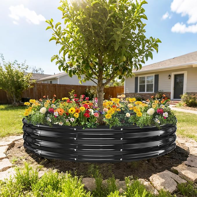 6FT Diameter Galvanized Garden Raised Bed/Plant Box/Fire Pit Ring-0.8mm Thick,12 Inch Tall,Crimped Edge and Corner,No Sharpe,Perfect for Plantings (Black, 72 Dia X 12 inches)