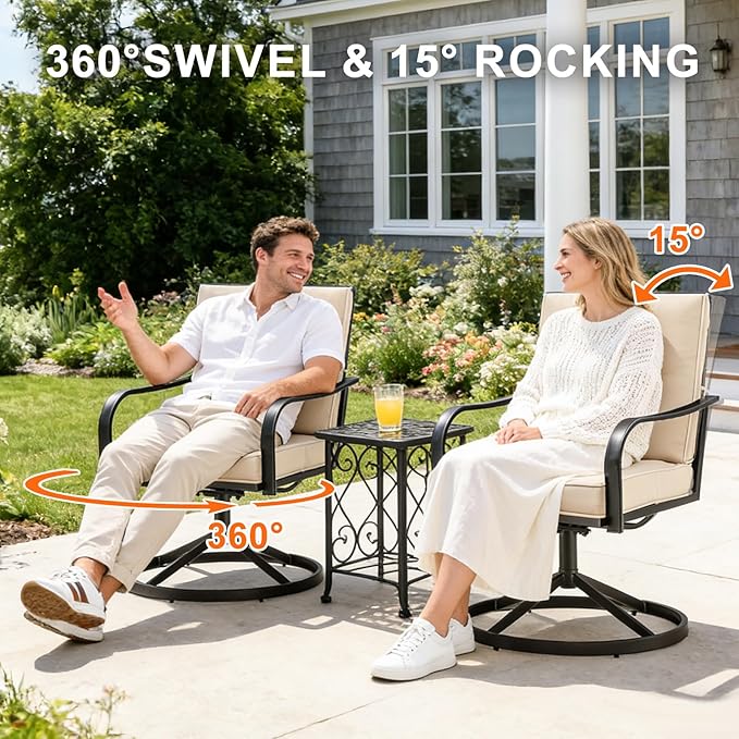 Patio Swivel Chairs Set of 2, Outdoor Swivel Dining Chairs with Thickened Cushions, All Weather Metal Patio Chair for Garden Lawn Porch, Beige