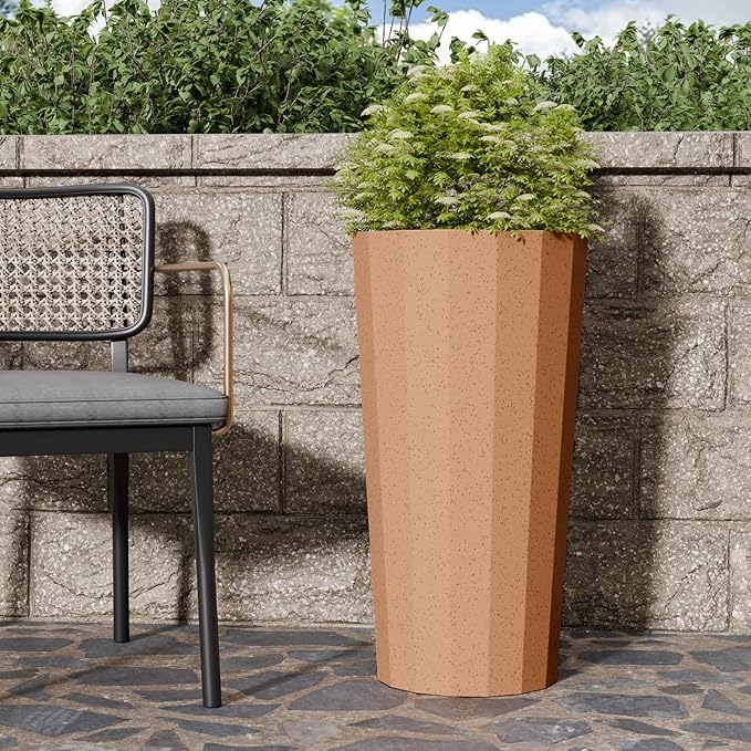 Diyfire 2PCS Tall Planters for Outdoor Plants, 23.6 Inches Large Outdoor Conical Flower Pots for Porch with Drainage Holes and Drainage Baffle, Tapered Large Planters for Garden, Balcony Clay Color