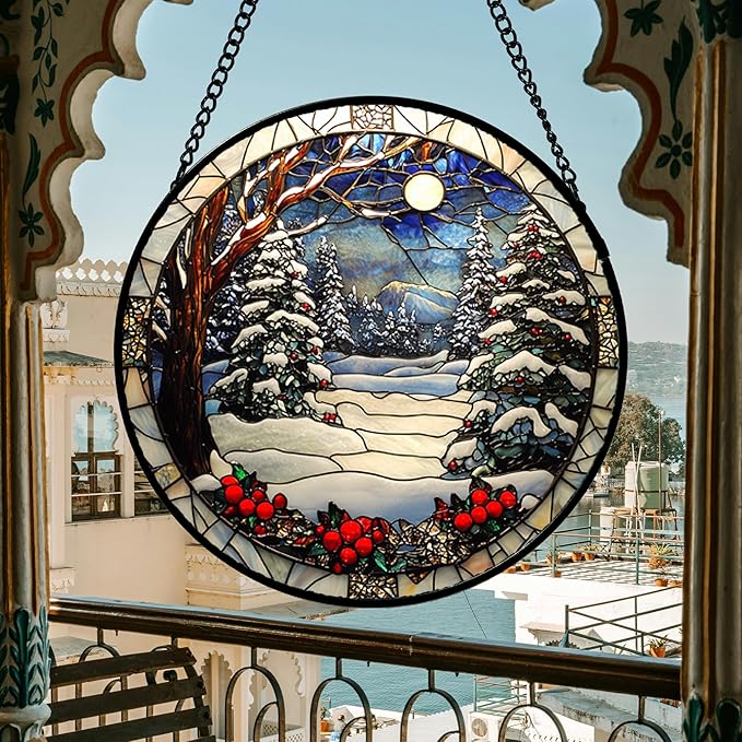 DASTOLL Stained Glass Window Hanging Christmas Tree Winter Snow Night Scenery Large 14.9" - Suncatcher Door Garden Kitchen Sun Catcher Home Decor Birthday for Mom Men Woman Friend