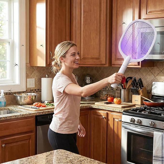 2 Pack Electric Fly Swatter, Rechargeable Mosquito Electric Racket to Kill Mosquitoes, Portable Handheld Cordless 3000V Bug Zapper Racket for Indoor Home Office Wasps, Gnats, Fruit Flies, Flies