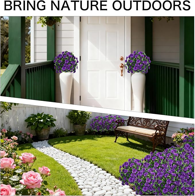 AZXVT Artificial Flowers for Outdoors, Faux Outdoor Plants Fake Plants Topiary Balls Artificial Outdoor Set of 2 with Ground Spike for Home Front Porch Patio Garden Decor (Purple)