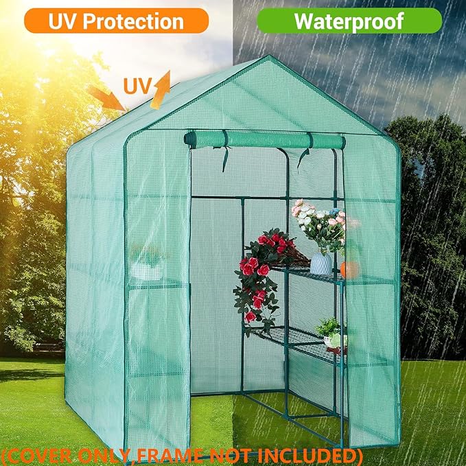 Greenhouse Replacement Cover, 56×29×76 Inches PE Walk-in Greenhouse Cover for Gardening Plants w/Roll-Up Zipper Door, Waterproof Frost Protection Wind Rain Proof, Easy Assembly (No Frames Include)