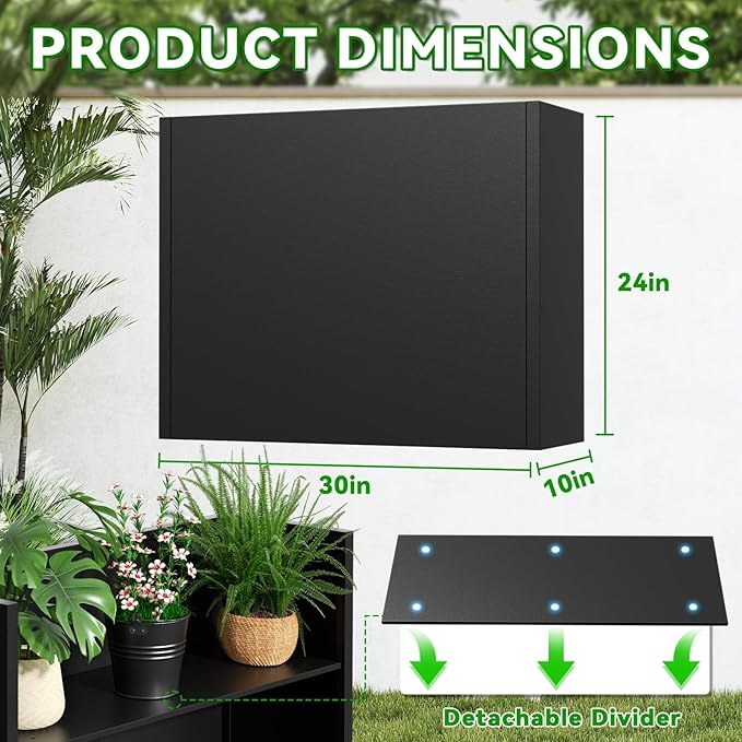 NUWJBYE Tall Metal Planter Box, 30" L x 10" W x 24" H Large Outdoor Planters with Drainage & Adjustable Shelf, Heavy Duty Steel Rectangular Planter for Patio, Balcony, Indoor(Black)