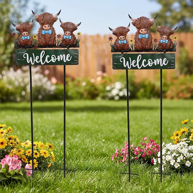 43.3inch Highland Cow Yard Stakes for Decorations Outdoor, Vintage Farmhouse Decorative Garden Stakes Large Metal Yard Art with Welcome Sign