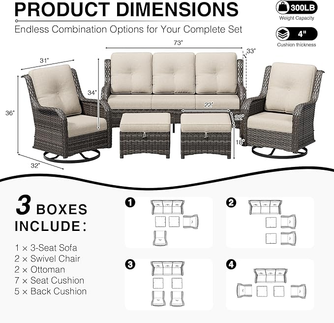 Joyside 5 Piece Wicker Patio Furniture Set, Outdoor Swivel Rocker Patio Chairs with High Back, Deep Seating, Wide Armrest, Thickened Cushions, Outdoor Furniture for Deck, Porch Use