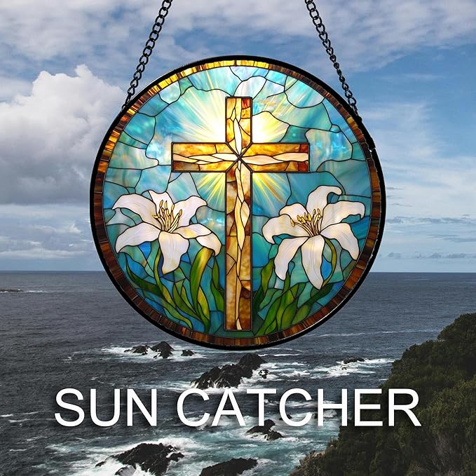 JOSUMALY Christian Gifts for Women - Cross Stained Glass Window Hanging Jesus Easter White Lily Flower Sun Catcher Garden Religion Decor Mother's Day Catholic Gift for Men Grandma Mom Her Nana 7.8"