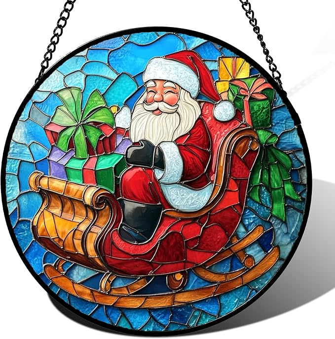 DASTOLL Stained Glass Window Hanging - Red Santa Claus Gift Box Suncatcher for Doors Home Christmas Decoration Winter Sun Catcher Thanksgiving New Year Birthday Gift for Women Men Mom Nana 6.3 in
