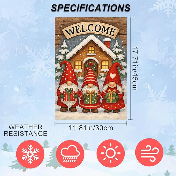 IVN Winter Garden Flag 12x18 Inch Double Sided Winter Gnomes with Gifts and Welcome Sign Outdoor Yard Flag for Outside Home Front Door Lawn Porch Patio Welcome Decor