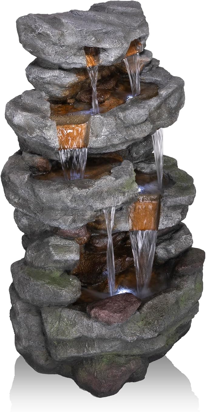 Alpine Corporation TZL284 39" Outdoor 4-Tier Cascading Stone Water Fountain with LED Lights – Natural Stone Look Water Feature for Patio, Garden, and Backyard Décor, Gray
