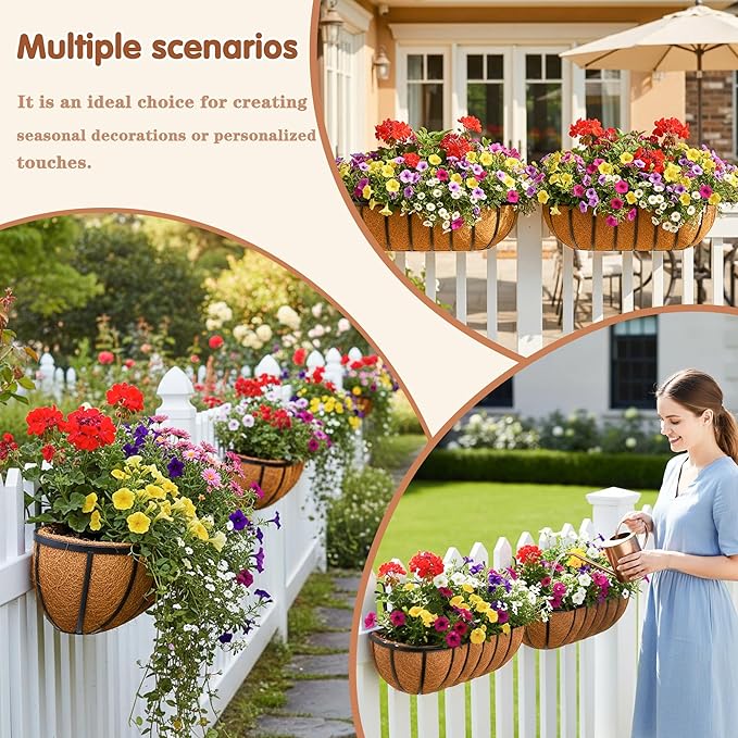 4 Pcs 16“ Railing Planter Window Box Deck Railing Planters Boxes with Coco Liner English Horse Trough Planters Metal Wall-Mounted Planter Basket for Outdoor Balcony Porch Fence Patio Rail