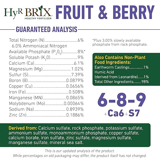 HyR BRIX Slow-Release 6-8-9 Fruit & Berry Fertilizer, 5lb Bucket - Plant Food with Calcium & Sulfur - Essential Micronutrients for Better-Tasting Fruit & Higher Yields