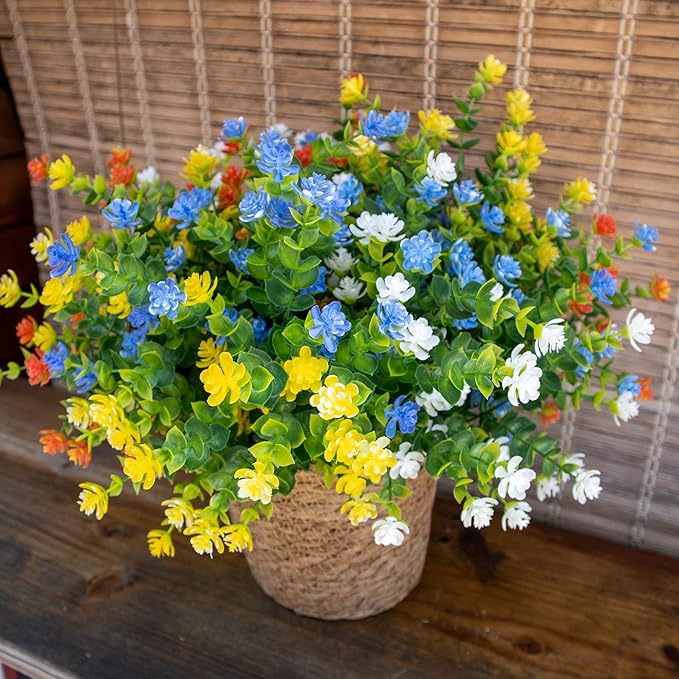 BCBLF Artificial Flowers Outdoors, 12 Bundles Fake Flowers UV-Anti for Decoration Faux Plastic Plants Garden Porch Window Box Décor,YellowBlueWhiteOrange