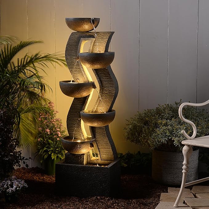 52.8" Tall Outdoor Water Fountain and Waterfall with LED Lights, Cascading Bowl Garden Waterfall Fountain for Patio, Garden, or Porch Decor – Large Freestanding Resin Water Feature for Backyard