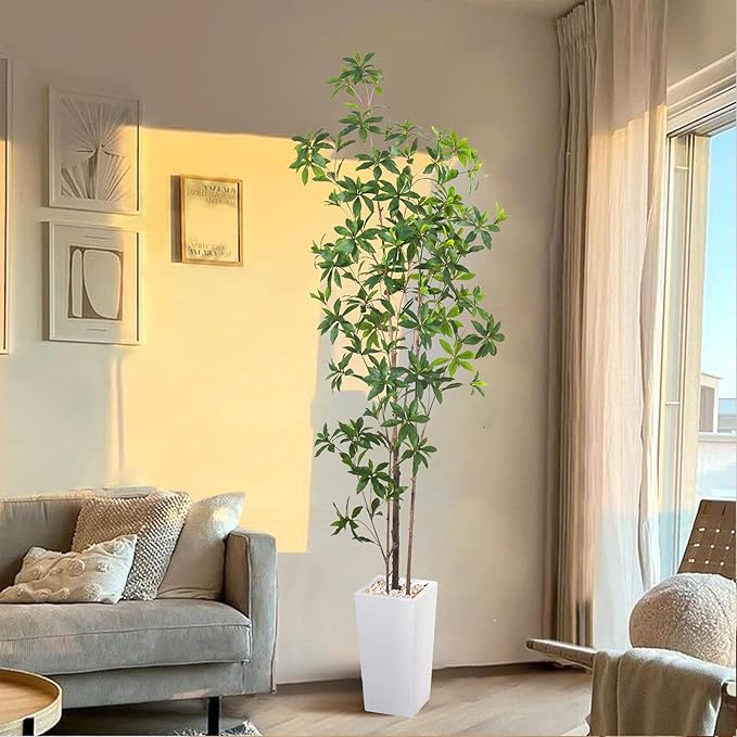 HAIHONG Artificial Brave Ficus Tree 7FT-Faux Tree with White Tall Planter-Fake Potted Tree with Silk Leaves-Tall Artificial Plants for Home Office Living Room Hallway Decor Indoor