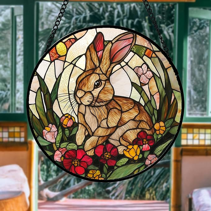 AMDERVEN Stained Glass Window Hanging, Cute Bunny Flowers Sun Catcher for Window Door Home Decor, Rabbit Suncatcher Christmas Mother's Day Birthday Gifts for Women Men Mom and Nana 7.8 in