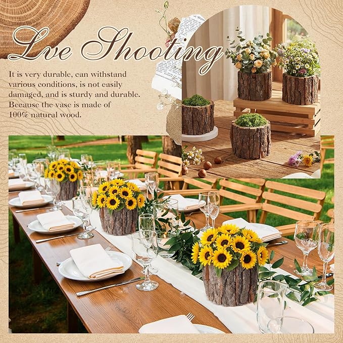 8 Set Wooden Vase for Centerpieces Wooden Flower Vase with Fake Green Moss Rustic Bark Stump Buckets Vintage Wood Planter Pots for Woodland Party Wedding Window Home Farmhouse Table Decor