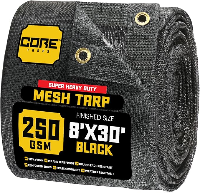Core Tarps 60% Black Shade Cloth with Grommets - 8 X 30 FT Heavy Duty Mesh Tarp - Sun Shade Cloth for Garden Vegetables Plants Greenhouse Outdoors Backyard Fences Dump Trucks Patio Mesh Shade Tarp