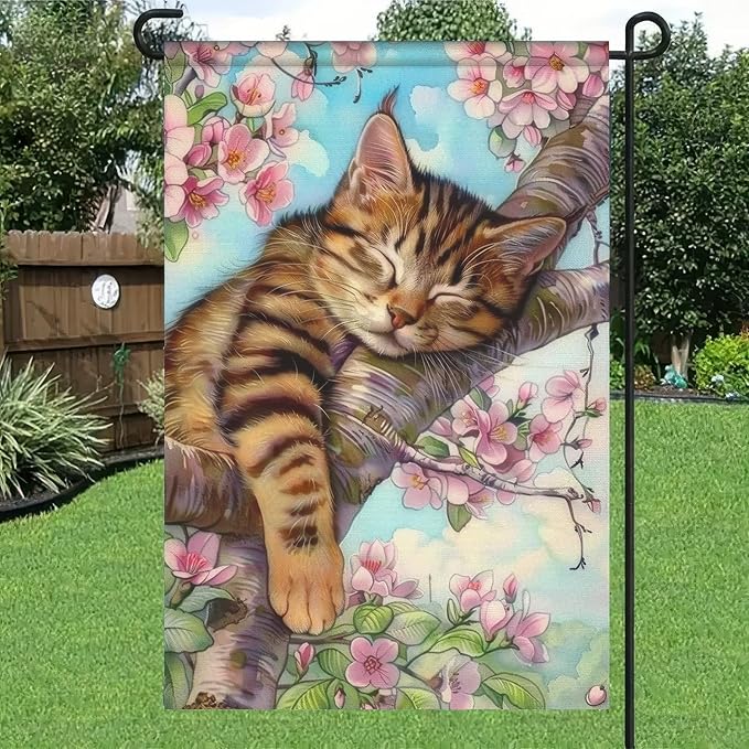 Spring Garden Flag 12x18 Double-Sided Spring Outdoor Decor Cat in Blooming Cherry Blossoms Springs Flag For Outside for Outdoor DecorationYard and Porch