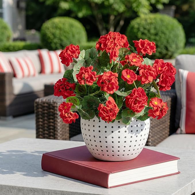 Uqueeten 4pcs Fake Flower Artificial Geranium,Artificial Flowers for Outdoors ，Geraniums Artificial Flowers Realistic,Artificial Geraniums for Outdoors Fake Plant Decoration(Red) 14.4"