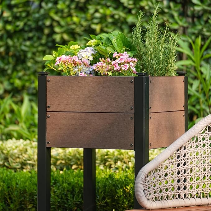 19" l x 33"h HDPE Elevated Garden Bed with Storage Shelf - Wood Grain Finish, All-Weather Standing Planter Box with Sturdy Black Aluminum Frame for Vegetables, Herbs on Patio, Balcony & Outdoors