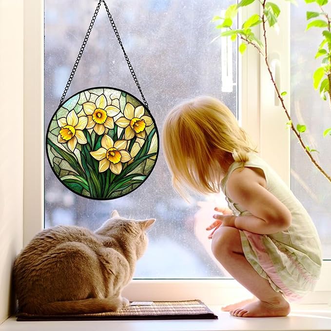 DASTOLL Stained Glass Window Hanging, Daffodil Plant Flowers Sun Catchers Diamond Glass Panel Hangings Suncatcher Decor for Birthday for Women, Men, Wife, Aunt, and Mom 7.8 in