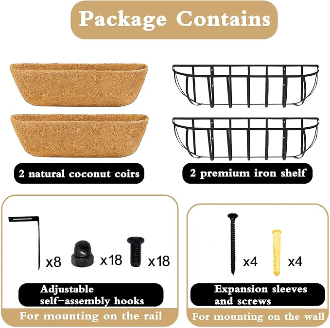 Window Box Railing Planter with Coco Liner 2 Pack 36 Inch Metal Hanging Flower Planter Deck Railing Planters Boxes for Balcony Outdoor Plants Fence Porch Patio