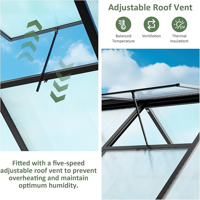 6×7.5 FT Outdoor Polycarbonate Greenhouse, Quick Setup Heavy Duty Greenhouse for Outside with Roof Vent, Large Walk in Green Houses with Lock for Garden Backyard, Black