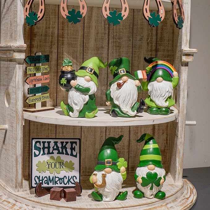 Newman House Studio St Patricks Day Decorations Gnome Décor - 2Pc Resin Gnome Figurines with Green Shamrock Horseshoe Modern Farmhouse Décor for Tabletop Home Décor