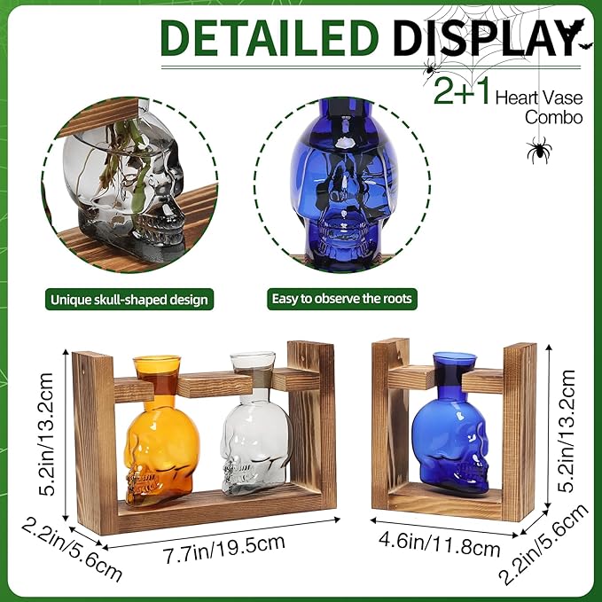 2+1 Plant Terrarium Plant Propagation Station Gifts for Father Halloween Skull Home Office Decor with Wooden Stand