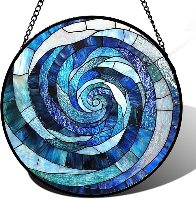Stained Glass Window Hanging - Blue Abstract Swirl Suncatcher for Doors Garden Patio Unique Sun Catchers Decor Christmas Mother's Day Birthday Gifts for Women Men Mom Nana Friend 11.8 in
