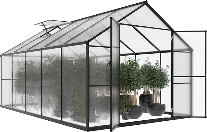 MUPATER 8 x 10 FT Heavy Duty Greenhouse, Walk-in Greenhouse with Lockable Door and Adjustable Roof Vent, Polycarbonate Green House Kit with Aluminum Frame, for Backyard, Garden, Outdoor, Grey