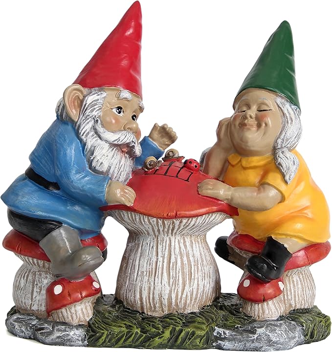 Wiresusan Garden Gnome Statue for Outdoor Decoration, Couple Gnome Figurine on Mushroom for Outside, Garden Mr and Mrs Gnome Playing Chess Sculptures for Yard Lawn Patio Decor, Love Gifts for Women