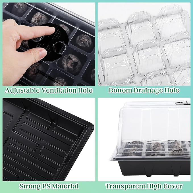 4 Sets Seed Starter Tray Kit Germination Starter Tray with Humidity Dome and Base Include 100 Peat Pellets 100 Plant Labels Garden Tools Plastic Plant Growing Trays for Greenhouse Garden, Black