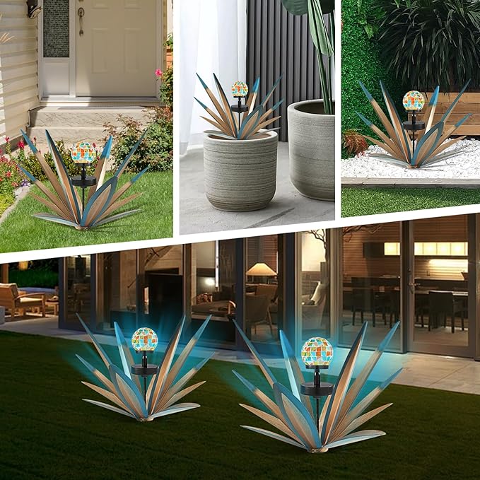 TOMBABY Enlarge Metal Plants Tequila Rustic Sculpture, Outdoor Patio Yard, Home Decor Hand Painted Agave Garden Statue, Outdoor Lawn Ornaments Yard Stakes for Mom Gift (2 Solar Blue)