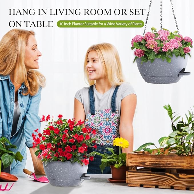 SQKH 10 Inch Hanging Baskets 2 PC with Chains, Self-Watering Hanging Planters for Indoor Outdoor Plants, Plastic Hanging Flower Pots,Speckled Grey