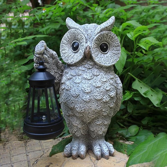 GUANFU Garden Statues, owl Outdoor Figurines Decorated with Solar Lights, Unique Christmas Birthday Gifts for Moms, Grandmas, Women, Wives, Sisters (Grey Owl1)