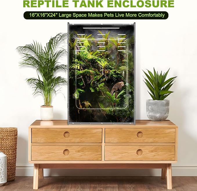 5-Sided Blackout Reptile Tank Enclosure, 16×16×24 inch Crested Gecko Tank Enclosure, Front Opening Reptile Enclosure with Mesh Top for Crested Geckos Small Lizards Tree Frogs & Arboreal Pets