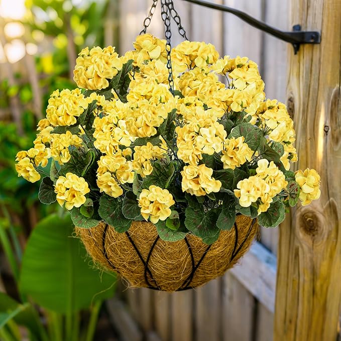 Uqueeten Artificial Flowers for Outdoors Artificial Geranium,Fake Flower Geranium Artificial Plant Home Decor,Silk Geraniums Artificial Flowers Realistic Outdoor Flower Decoration14.4(Yellow) 8PCS