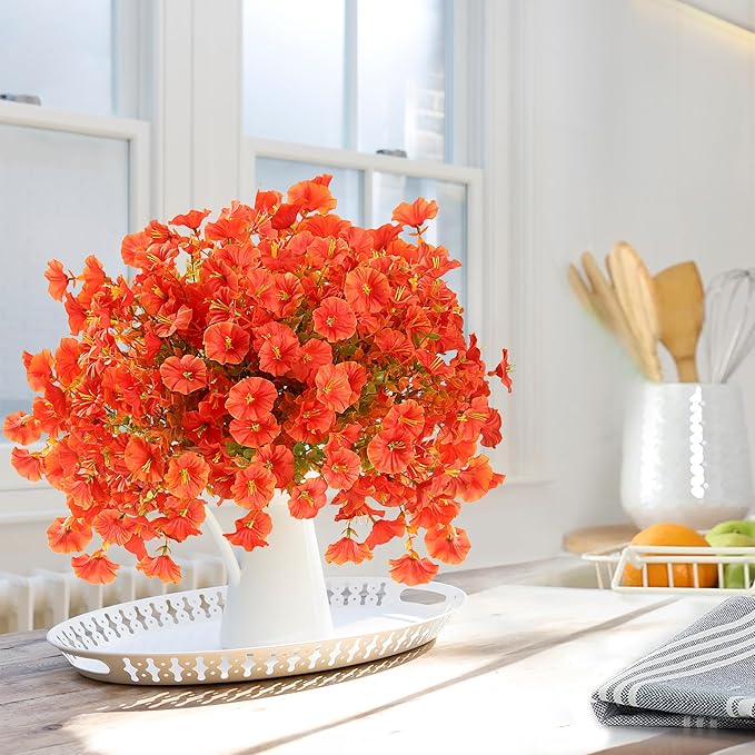 Artificial Flowers for Outdoors 12 Bundles Realistic Faux Plants UV Resistant Fake Silk Morning Glory with Eucalyptus for Front Door Planter Patio Porch Fall Thanksgiving Autumn Decoration (Orange)