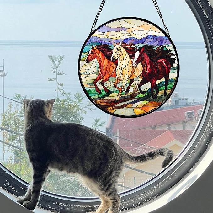 AMDERVEN Stained Glass Window Hanging, Galloping Horses Sun Catcher for Door Home Decor Colorful Suncatcher Christmas Mother's Day Birthday Gifts for Women Men Mom and Nana 6.3 in