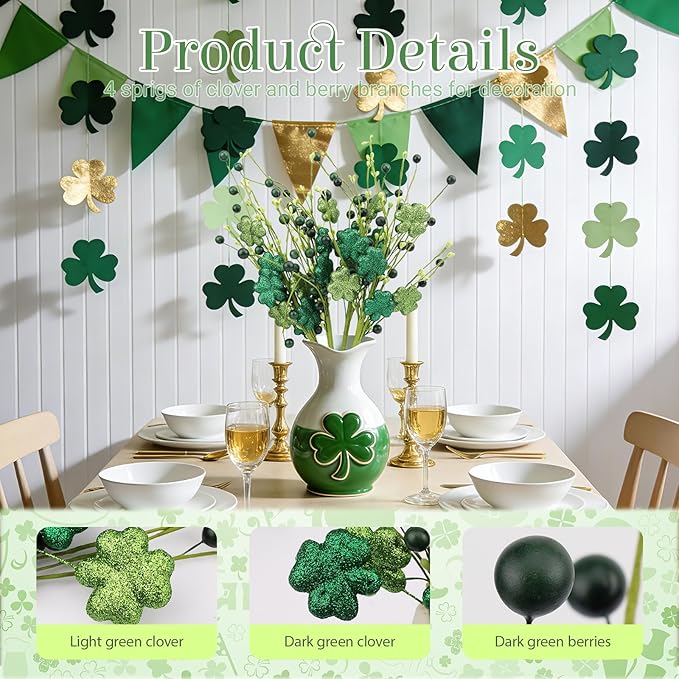 4Pcs St.Patrick's Day Shamrock Flowers Glitter Artificial Shamrock Picks with Lucky Clover Berries for St. Patrick's Day Decorations Centerpieces Home Decor