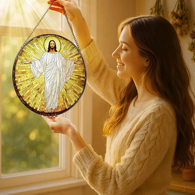 8'' Jesus Christ Stained Glass Suncatcher, Stained Glass Window Hanging, Religious Christmas Ornament, Christian Holiday Decor, Gift for Christmas, Religious Gifts, Christian Gifts