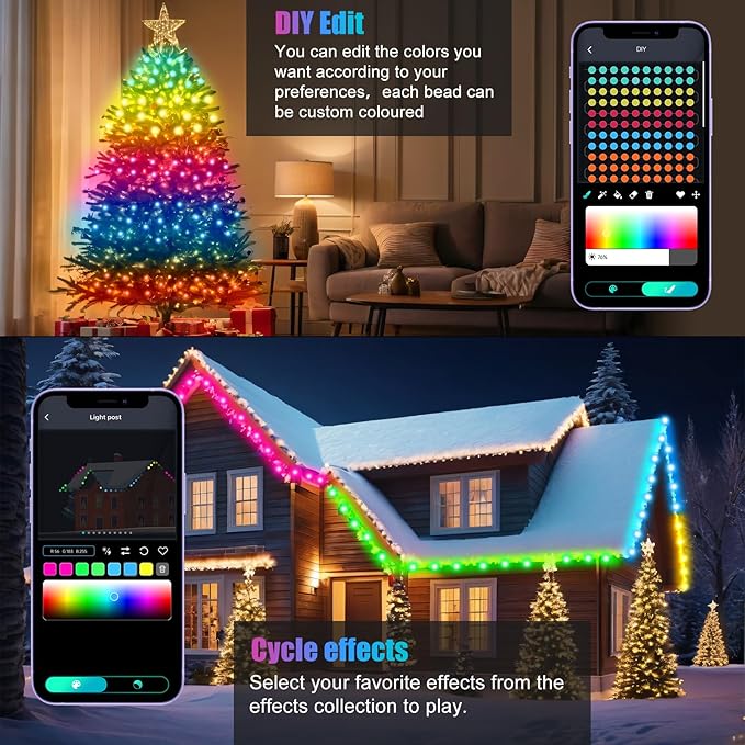 RGB Smart IC Fairy Lights, [APP & Remote Control] 49FT/15M 150 LEDs Multicolor String Lights, Music/Voice Sync Color Change, IP65 Waterproof String Light for Christmas, Wedding, Bedroom, DIY